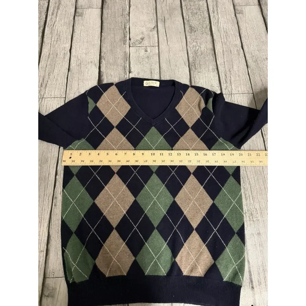 Men’s J. Crew Argyle Sweater Cashmere Blend Navy/Green/Tan Long Sleeve Sz Small